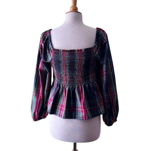 J. CREW Puff Sleeve Smocked Plaid Tartan Holiday Top Square Neck - XL - Picture 5 of 9